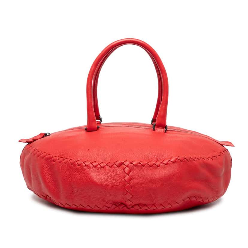Bottega Veneta Intrecciato Trimmed Cervo Disk Handbag Red Leather Good condition - Front View