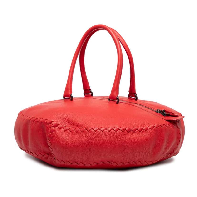 Bottega Veneta Intrecciato Trimmed Cervo Disk Handbag Red Leather Good condition - Back View