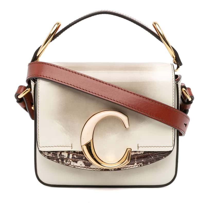 Chloé Mini Shaded Glossy Calfskin Lizard Embossed Trim C Satchel White Leather Good condition - Front View
