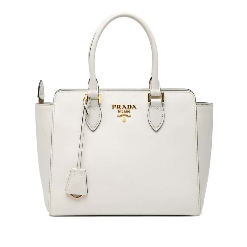 Prada Small Soft Calf Trimmed Saffiano Zippered Tote White Leather Good condition - Front View