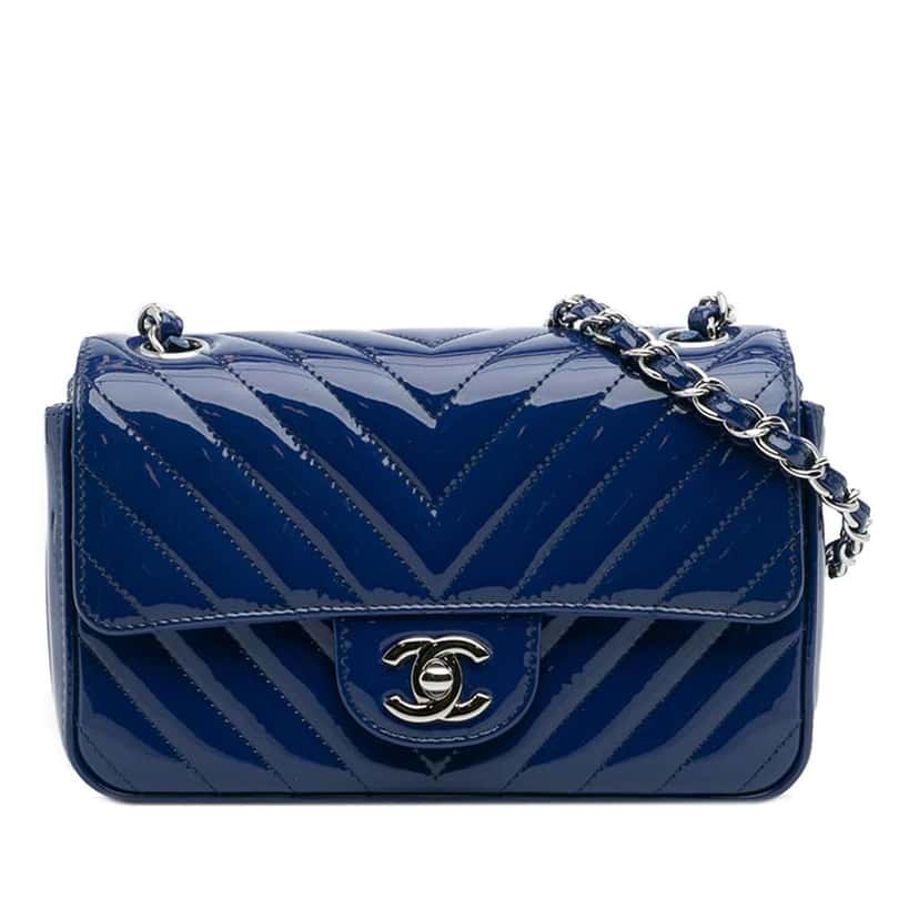 Chanel Mini Rectangular Classic Chevron Patent Single Flap Blue Leather Good condition - Front View