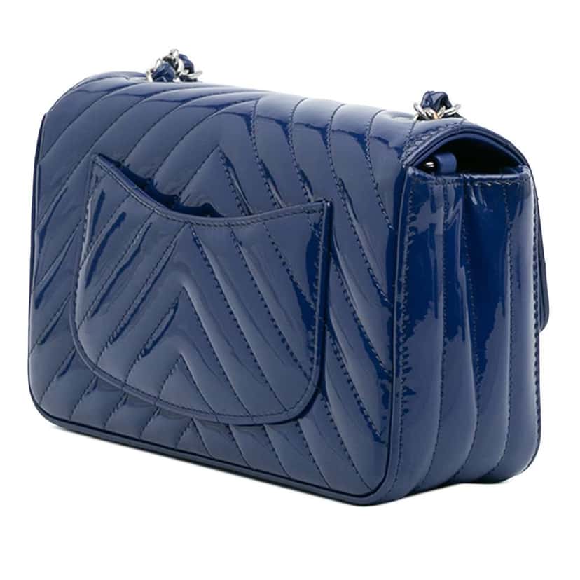 Chanel Mini Rectangular Classic Chevron Patent Single Flap Blue Leather Good condition - Back View