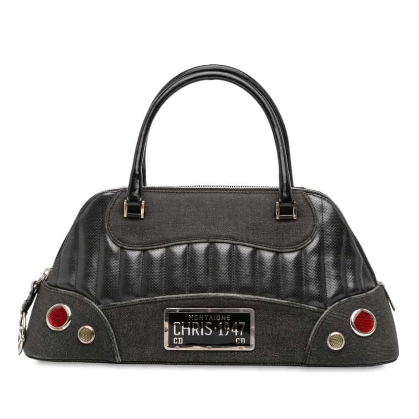 Dior Perforated Leather and Denim Montaigne Chris 1947 Cadillac Top Handle Bag Black Leather Fair condition - Front View