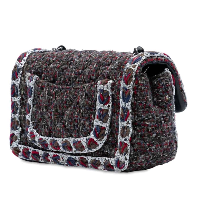 Chanel Mini Rectangular Classic Braided Tweed Single Flap Black Tweed Very good condition - Back View