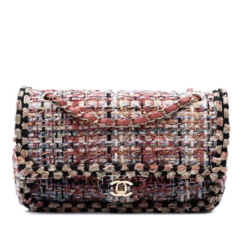Chanel Medium Classic Tweed Braided Double Flap Brown Tweed Good condition - Front View