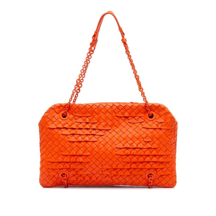Bottega Veneta Nappa Intrecciato Ruffle Duo Shoulder Bag Orange Leather Good condition - Front View