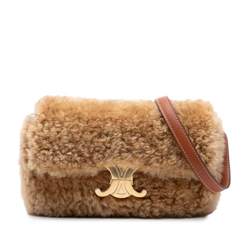 Celine Shearling Triomphe Shoulder Bag Brown Good condition - Front View