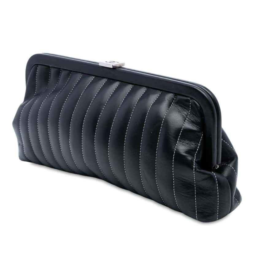 Chanel Quilted Lambskin Mademoiselle Ligne Clutch Black Leather Good condition - Back View