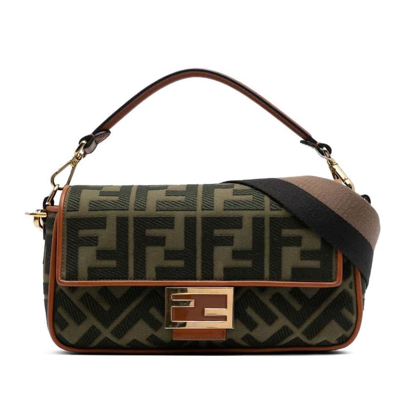 Fendi Zucca Embroidered Canvas Baguette Satchel Green Canvas Good condition - Front View