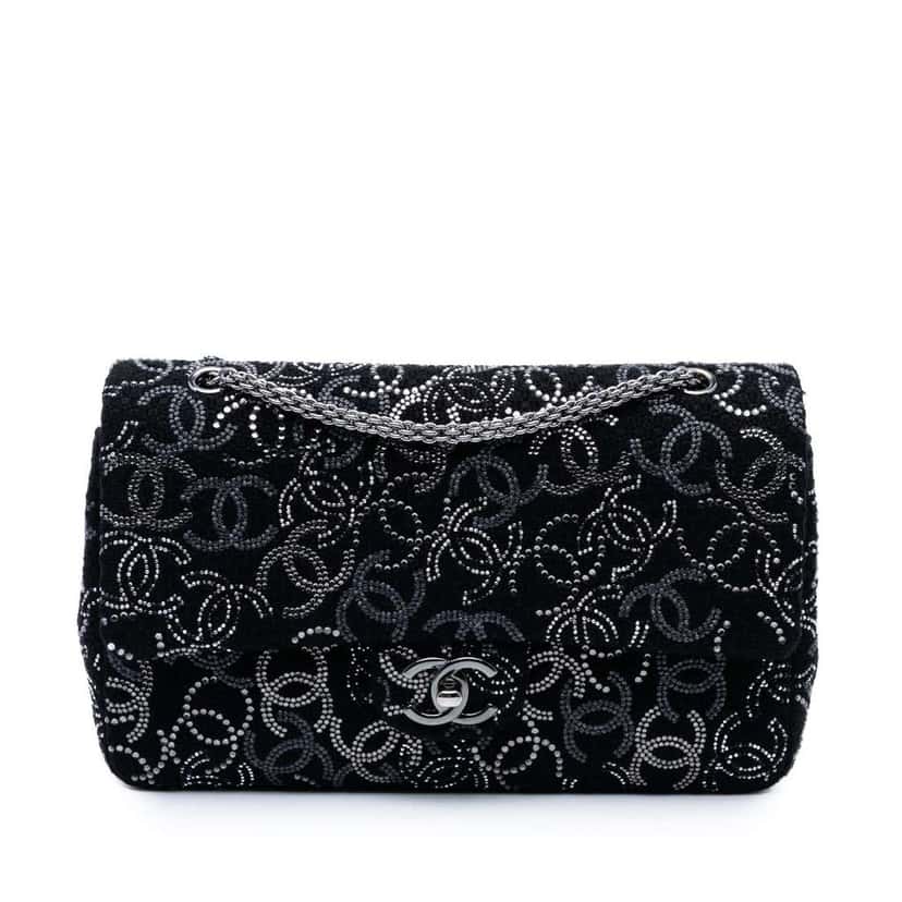 Chanel Paris-Shanghai Medium Tweed Strass Embellished Pudong Double Flap Black Tweed Good condition - Front View