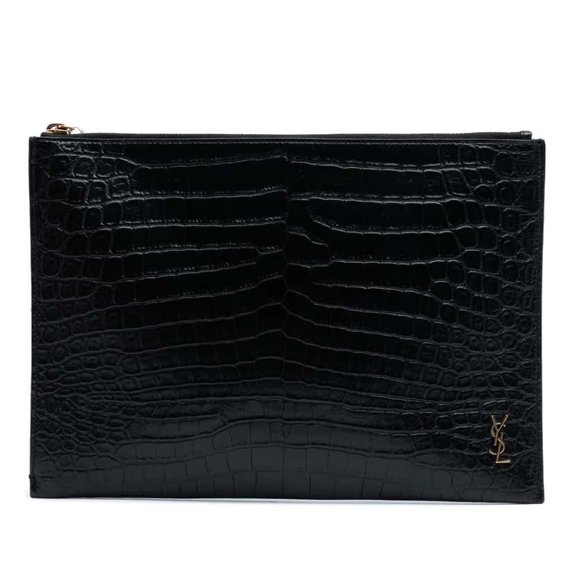 Saint Laurent Croc Embossed Leather Tiny Monogram Zipped Tablet Holder Black Leather Good condition - Front View