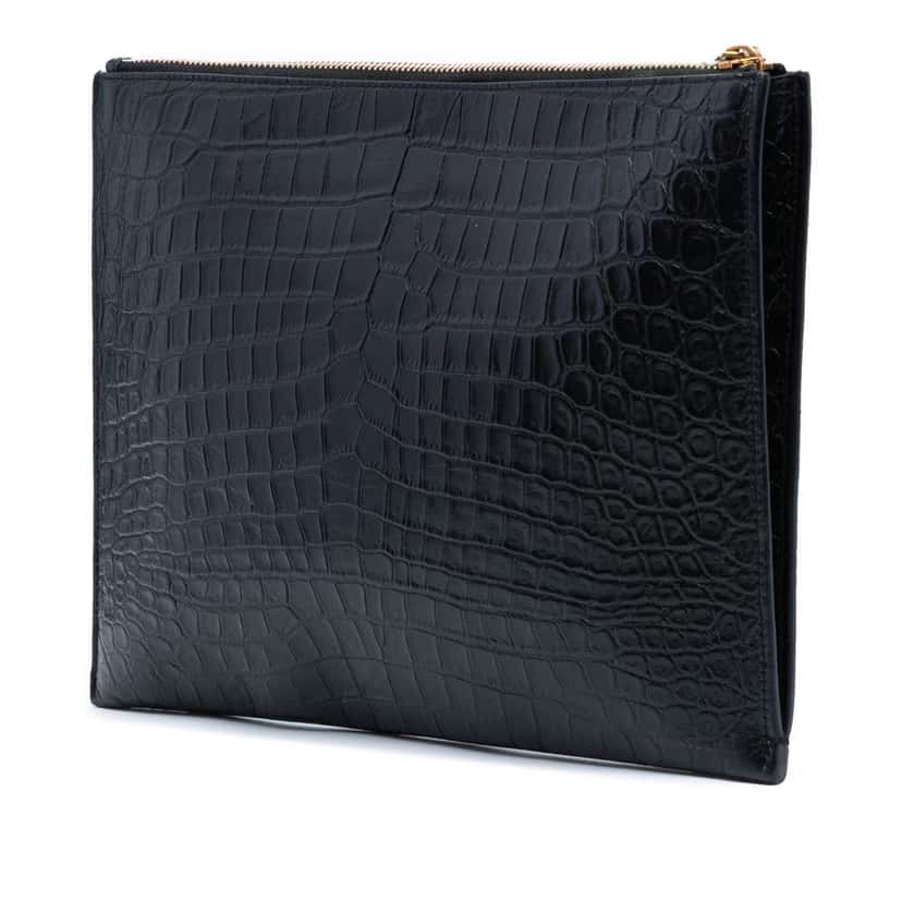 Saint Laurent Croc Embossed Leather Tiny Monogram Zipped Tablet Holder Black Leather Good condition - Back View