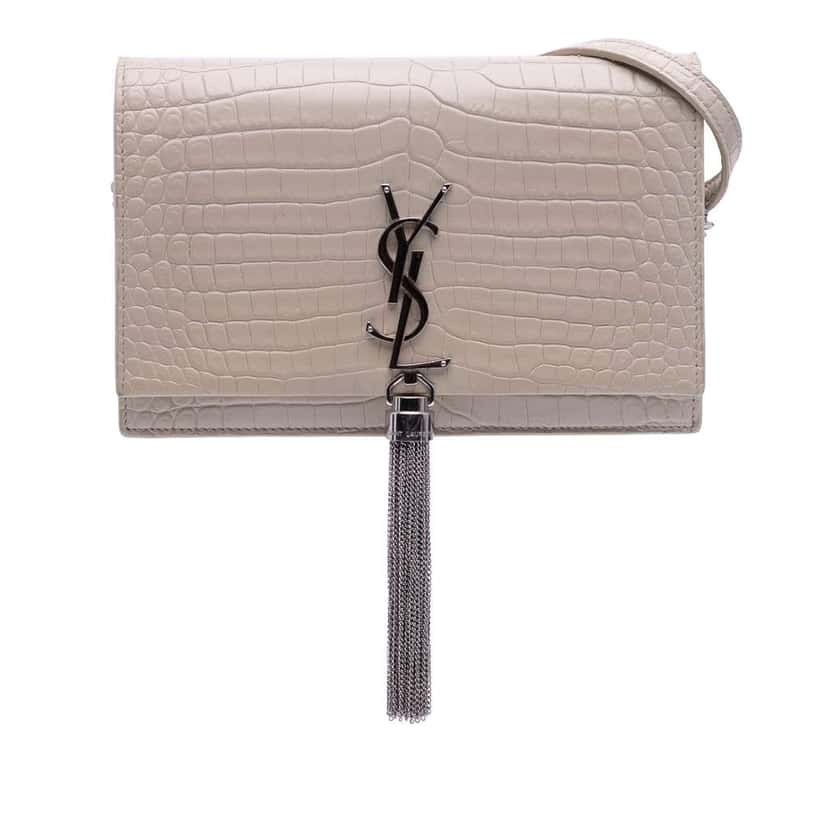 Saint Laurent Croc Embossed Leather Monogram Kate Tassel Wallet on Chain White Leather Good condition - Front View