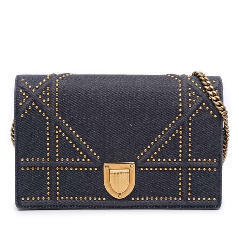 Dior Studded Denim Diorama Wallet on Chain Blue Denim Good condition - Front View