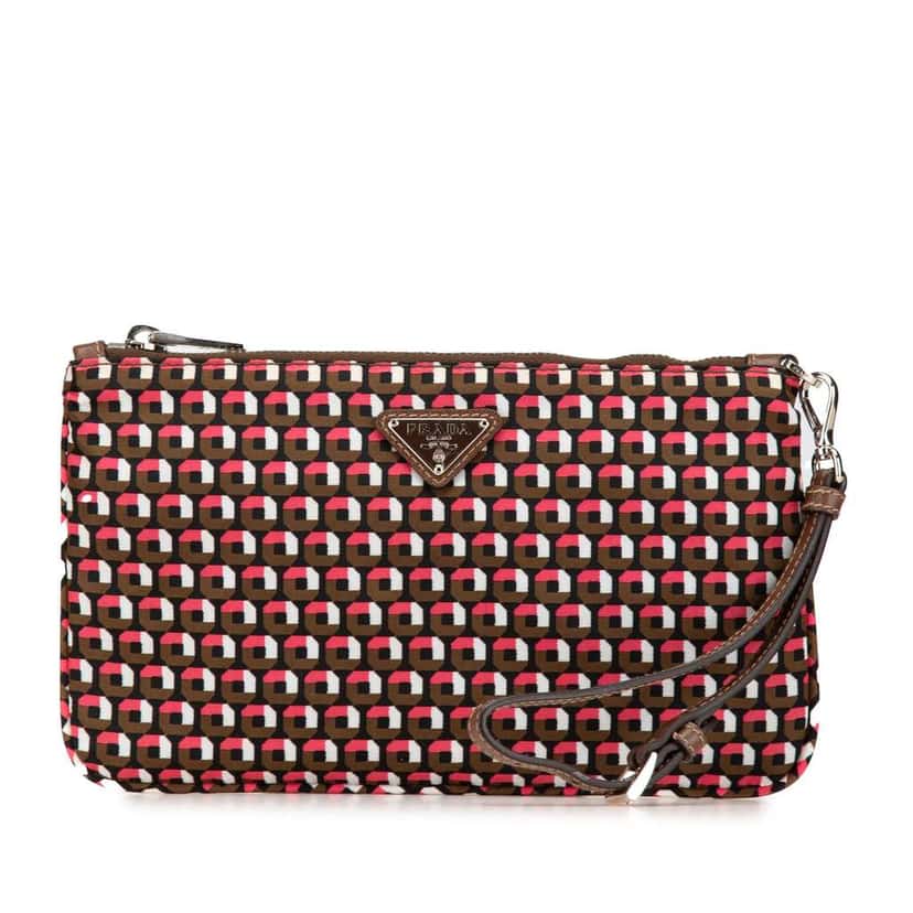 Prada Tessuto Stampato Wristlet Clutch Brown Good condition - Front View