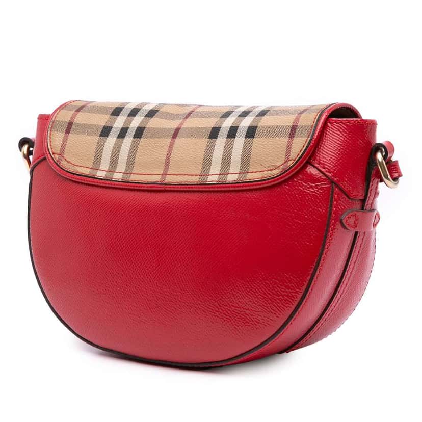 Burberry Patent Leather and Haymarket Check Coated Canvas Maydown Crossbody Red Leather Good condition - Back View