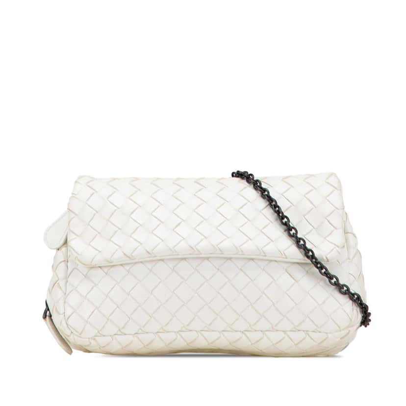 Bottega Veneta Mini Nappa Intrecciato Expandable Chain Flap Crossbody White Leather Good condition - Front View