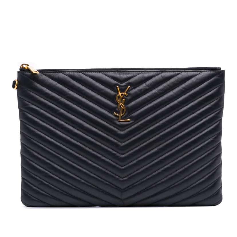 Saint Laurent Leather Chevron Monogram Document Holder Blue Leather Good condition - Front View