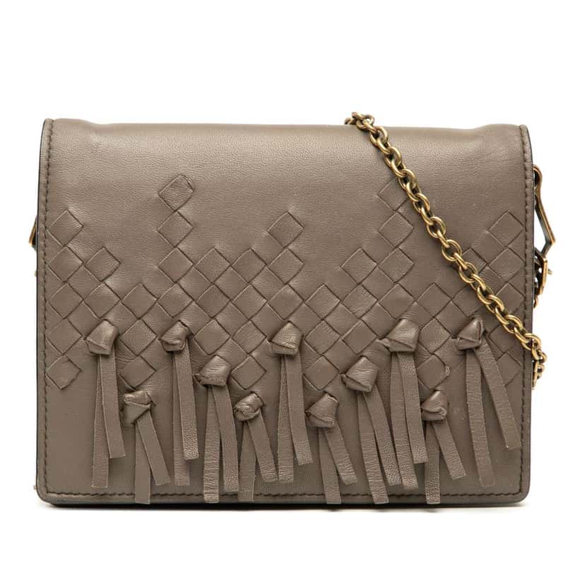 Bottega Veneta Nappa Intrecciato Fringe Wallet on Chain Brown Leather Good condition - Front View