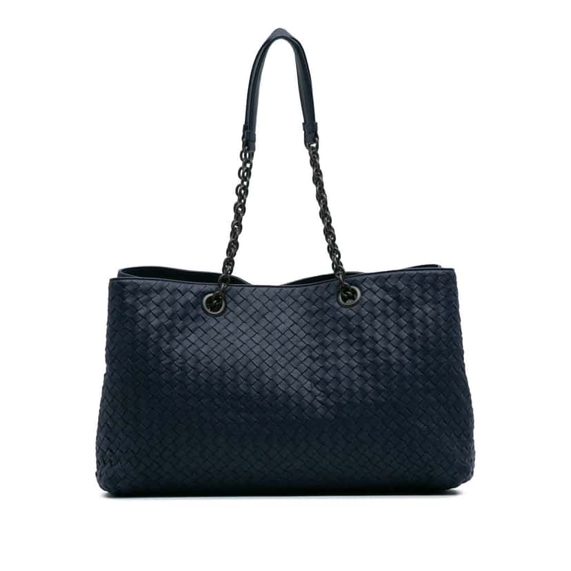 Bottega Veneta Large Nappa Intrecciato Classic Chain Strap Tote Blue Leather Good condition - Front View