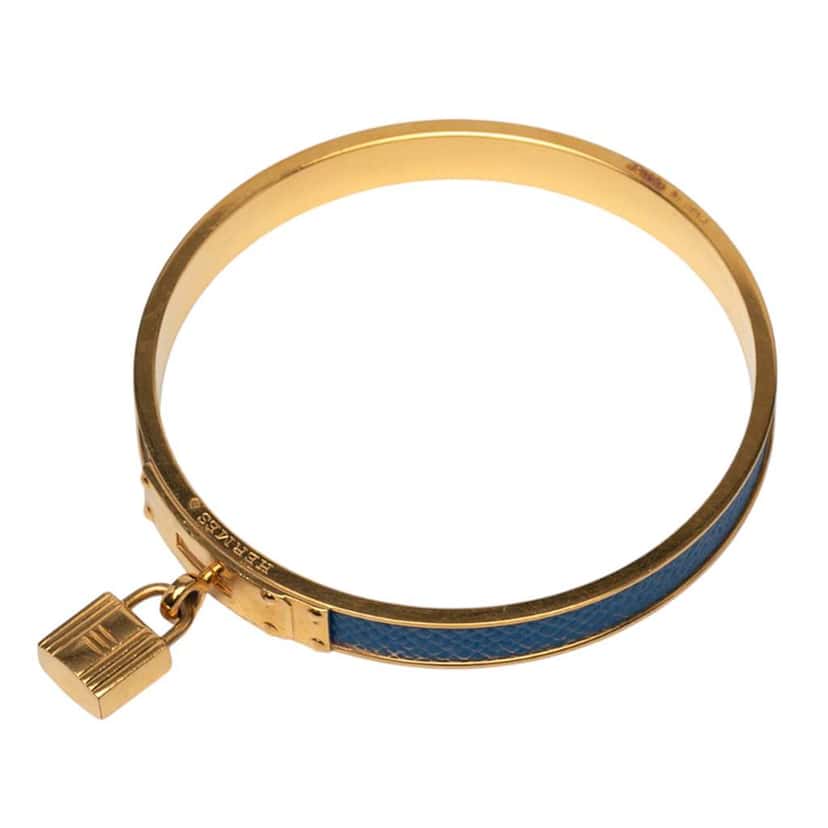 Hermès Leather Kelly Cadena Lock Bangle Bracelet Blue Leather Good condition - Model View