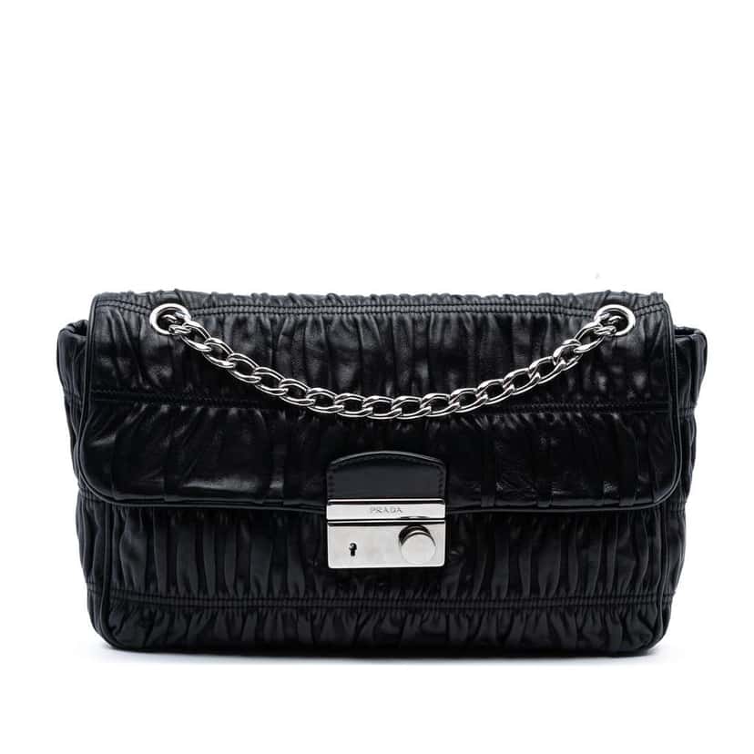 Prada Medium Nappa Gaufre Sound Lock Shoulder Bag Black Leather Good condition - Front View