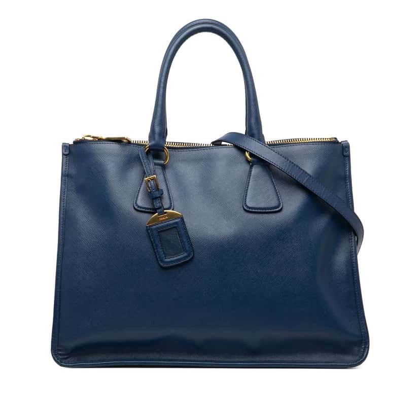 Prada Saffiano Double Zip Open Convertible Tote Blue Leather Very good condition - Front View