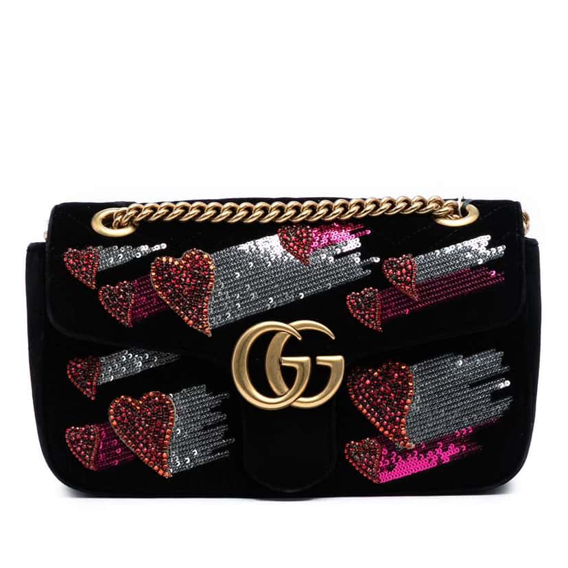 Gucci Medium GG Marmont Matelasse Velvet Sequin Embellished Shoulder Bag Black Velvet Good condition - Front View