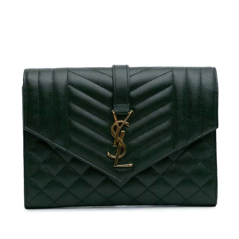 Saint Laurent Grain De Poudre Triquilt Monogram Envelope Clutch Green Leather Good condition - Front View