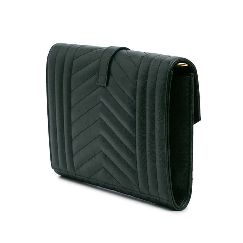Saint Laurent Grain De Poudre Triquilt Monogram Envelope Clutch Green Leather Good condition - Back View