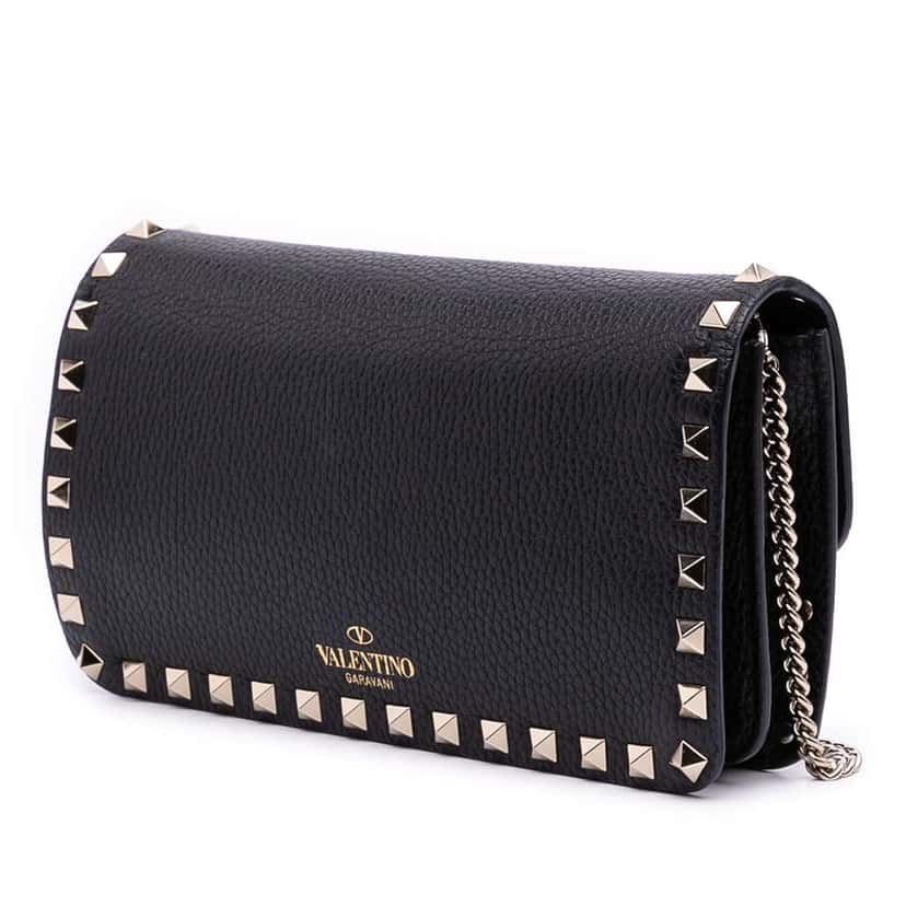 Valentino Pebbled Calfskin Rockstud Wallet On Chain Black Leather Good condition - Back View