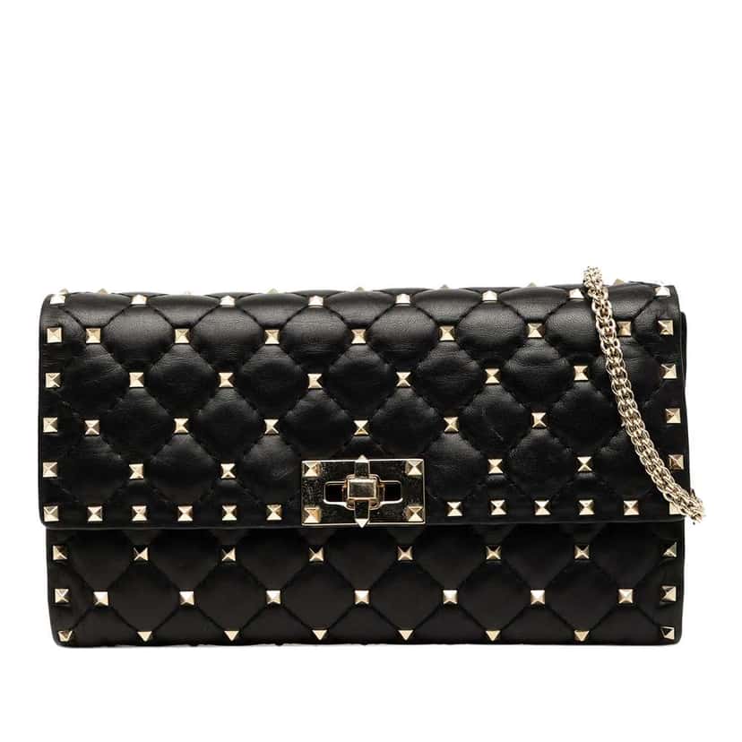 Valentino Nappa Rockstud Spike Wallet On Chain Black Leather Good condition - Front View