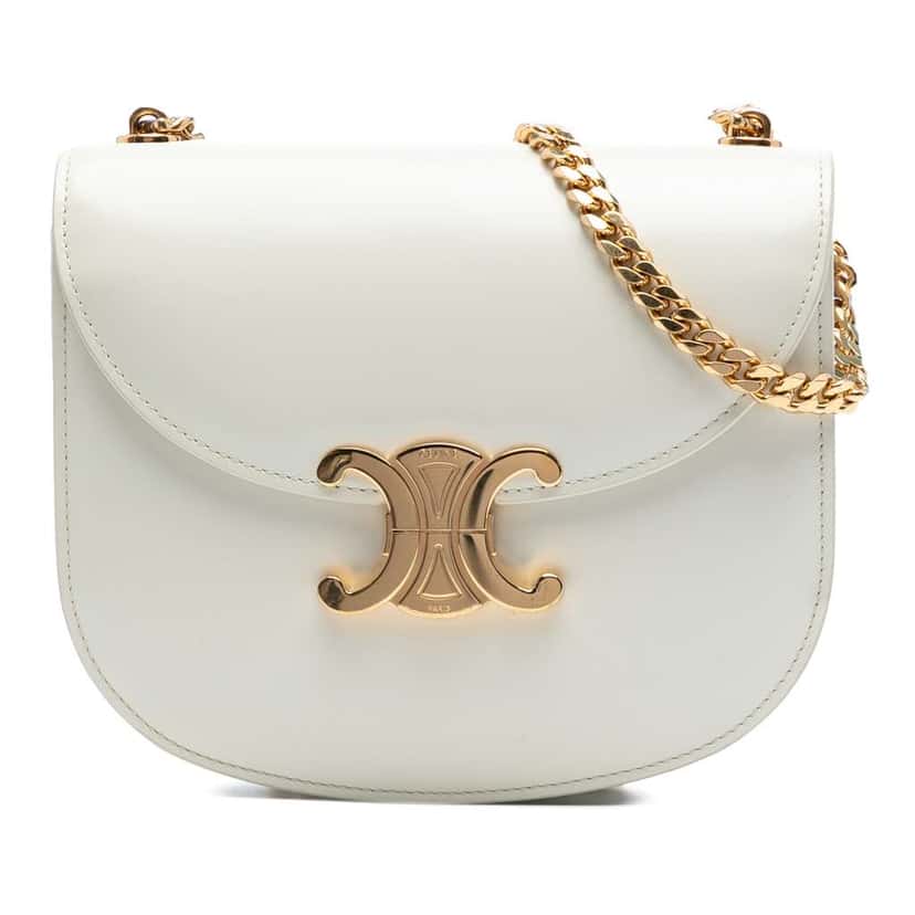 Celine Teen Shiny Calfskin Triomphe Besace Clea Chain Crossbody White Leather Good condition - Front View
