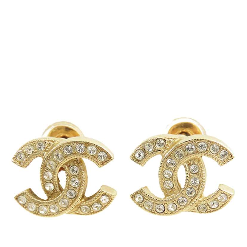 Chanel Gold Plated CC Crystal Push Back Earrings Gold Metal Good condition - Front View