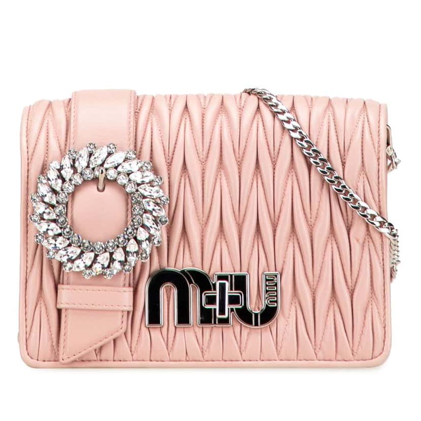 Miu Miu Matelasse Nappa Crystal Chain Buckle Crossbody Pink Leather Good condition - Front View
