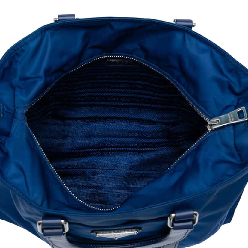 Prada Vitello Trimmed Tessuto Satchel Blue Good condition - Model View