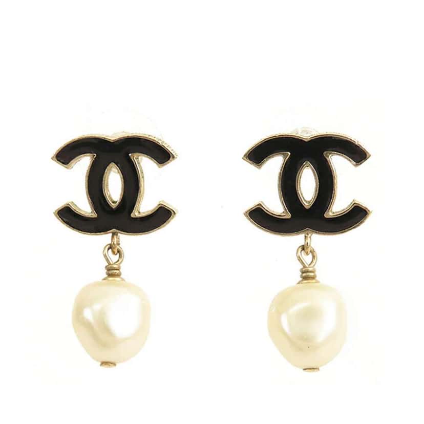 Chanel Gold Plated Enamel CC Faux Pearl Drop Earrings Gold Metal Good condition - Front View
