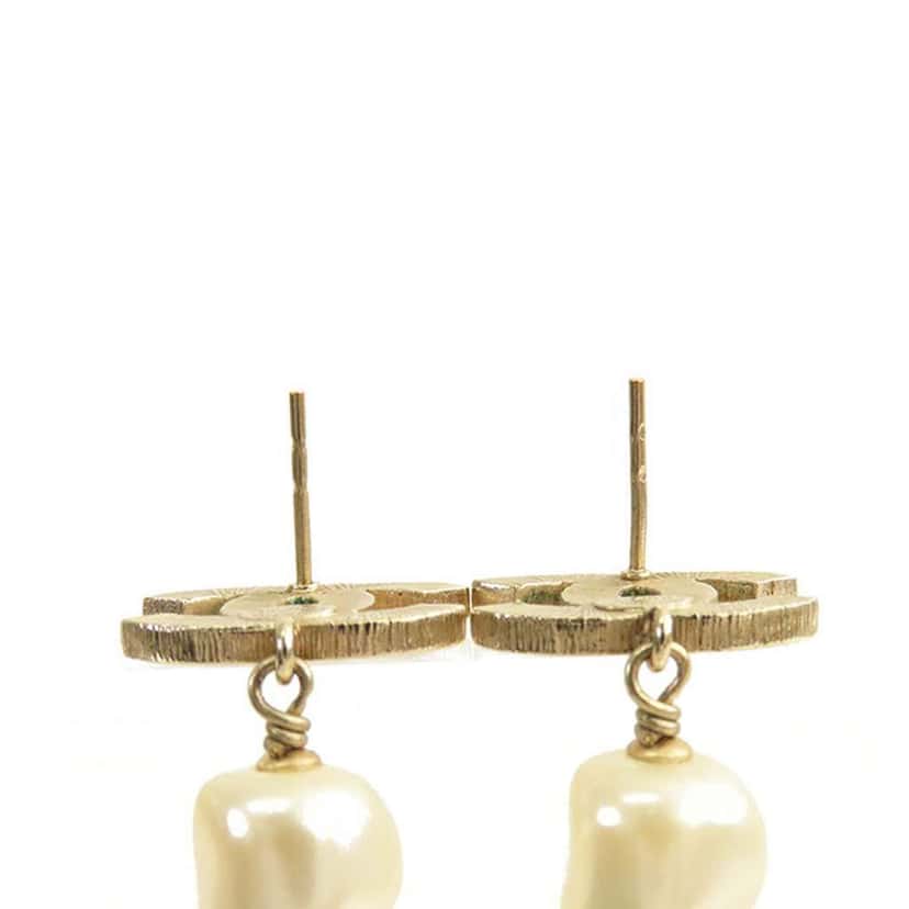 Chanel Gold Plated Enamel CC Faux Pearl Drop Earrings Gold Metal Good condition - Back View