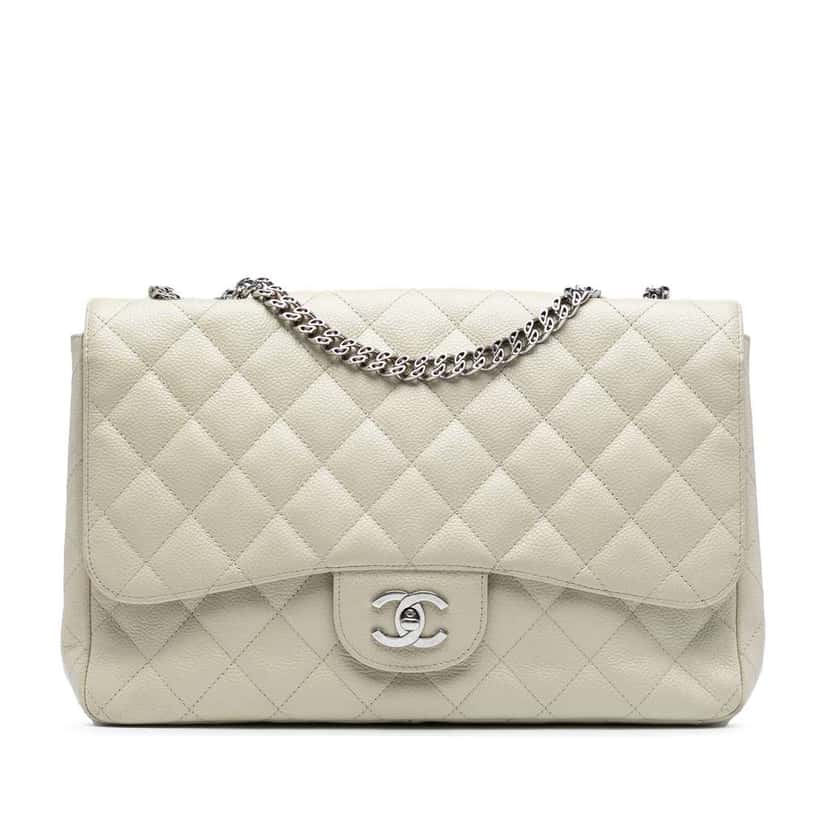 Chanel Jumbo Classic Caviar Bijoux Chain Single Flap White Leather Good condition - Front View