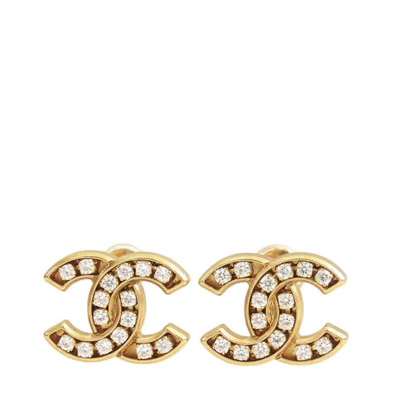Chanel Gold Plated CC Crystal Push Back Earrings Gold Metal Good condition - Front View