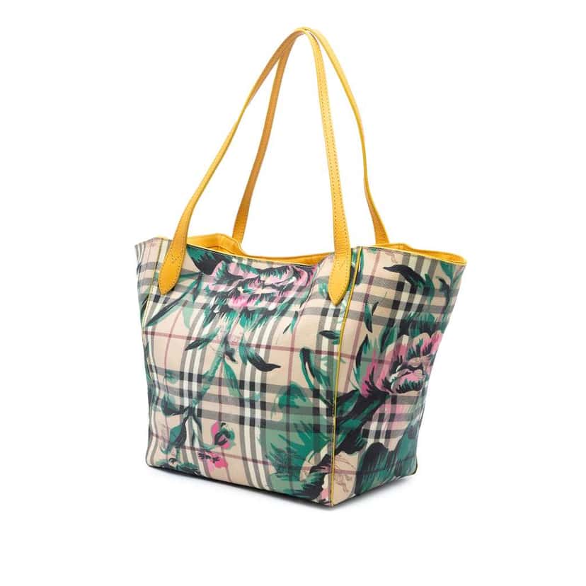 Burberry Small Haymarket Check Floral Print Coated Canvas Canterbury Tote Brown Canvas Good condition - Back View