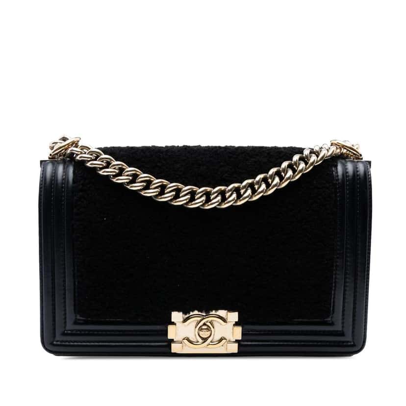 Chanel Old Medium Shearling Boy Flap Black Good condition - Front View