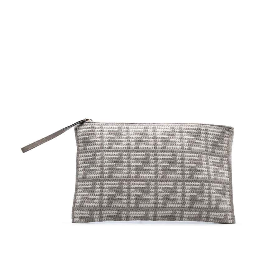 Fendi Large Woven Fabric and Calfskin FF Flat Pouch Grey Wool Very good condition - Front View