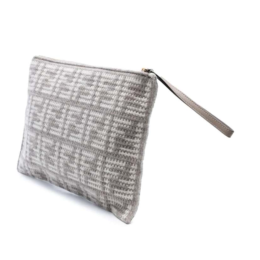 Fendi Large Woven Fabric and Calfskin FF Flat Pouch Grey Wool Very good condition - Back View
