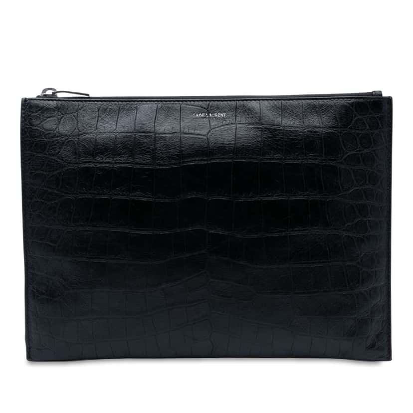 Saint Laurent Crocodile Embossed Leather Zipped Tablet Holder Black Leather Good condition - Front View