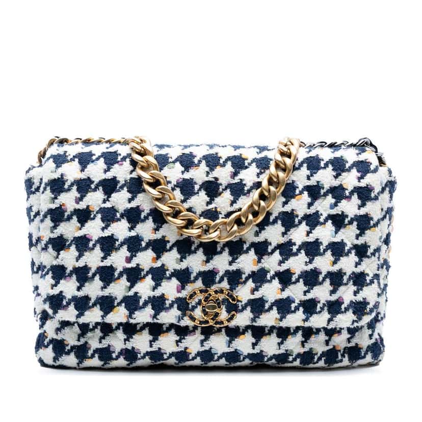 Chanel Maxi Houndstooth Tweed 19 Flap Blue Tweed Good condition - Front View