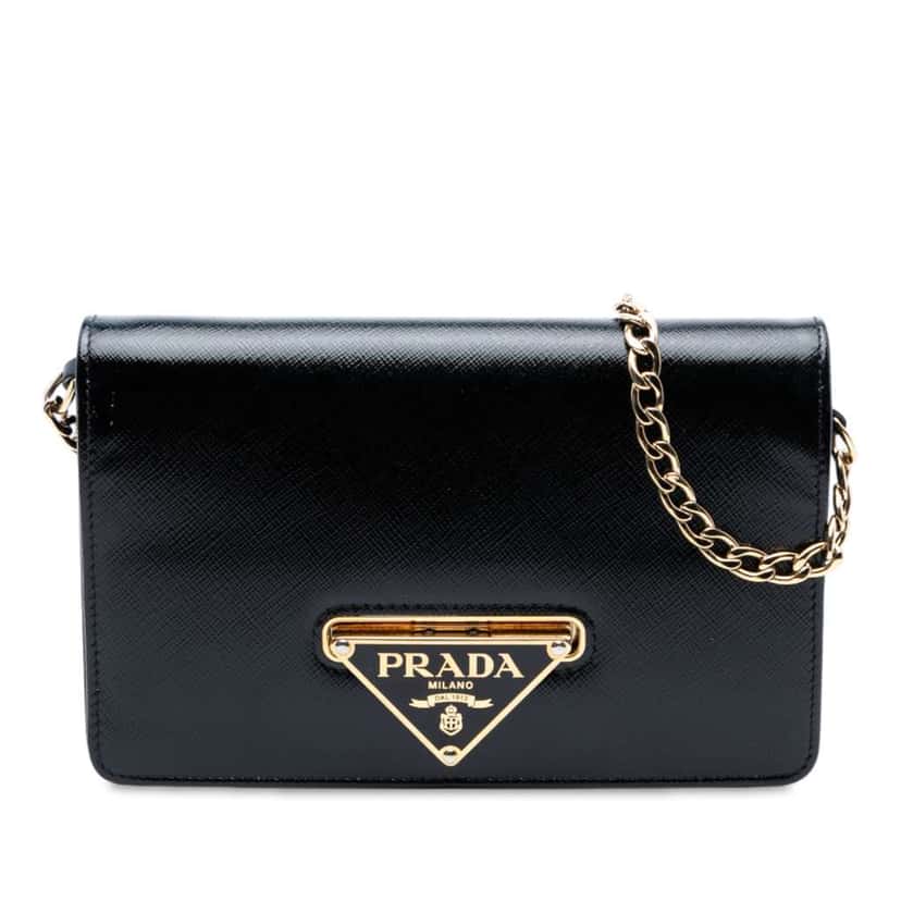 Prada Saffiano Vernice Flip Lock Wallet on Chain Clutch Black Leather Good condition - Front View