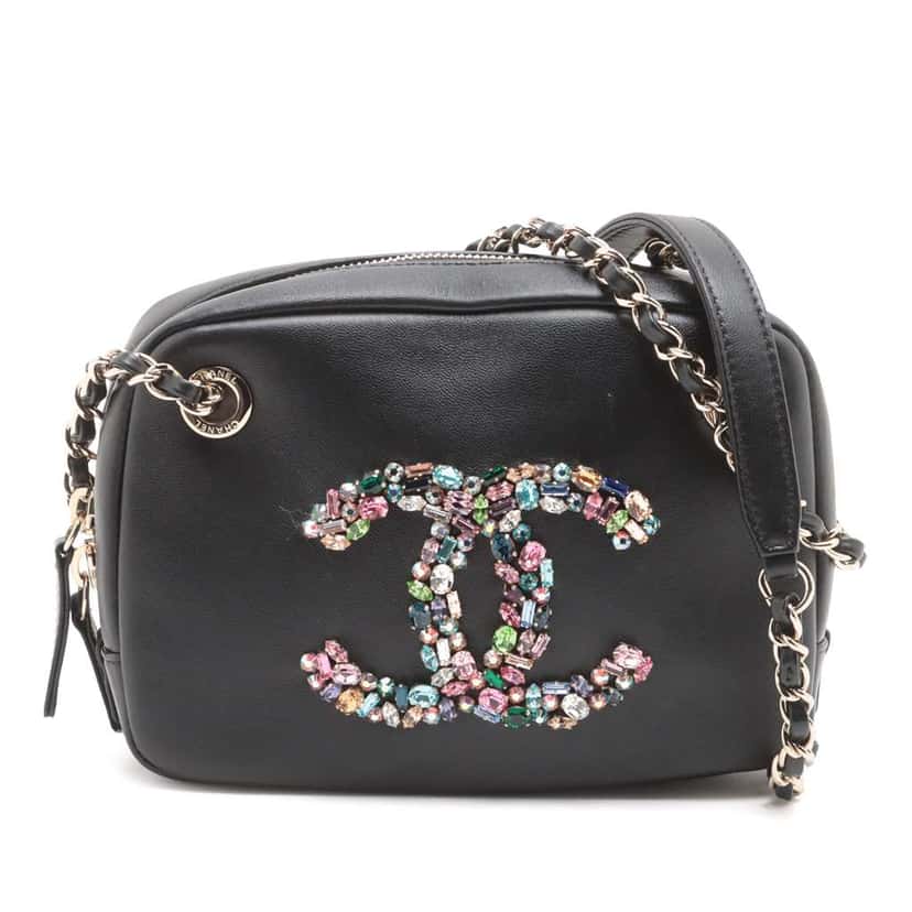 Chanel Lambskin Giant Crystal CC Camera Bag Black Leather Good condition - Front View