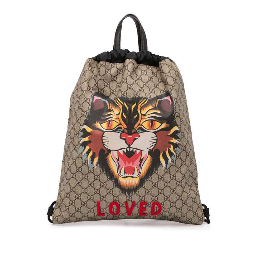 Gucci GG Supreme Angry Cat Drawstring Backpack Brown Canvas Good condition - Front View