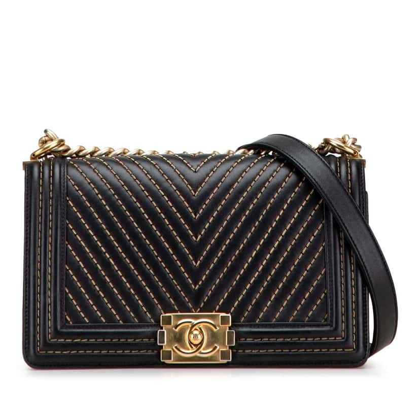 Chanel Old Medium Chevron Lambskin Stitched Boy Flap Black Leather Good condition - Front View